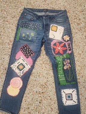 Abercrombie & Fitch Blue Denim Jeans with Multicolor Patchwork Appliqués